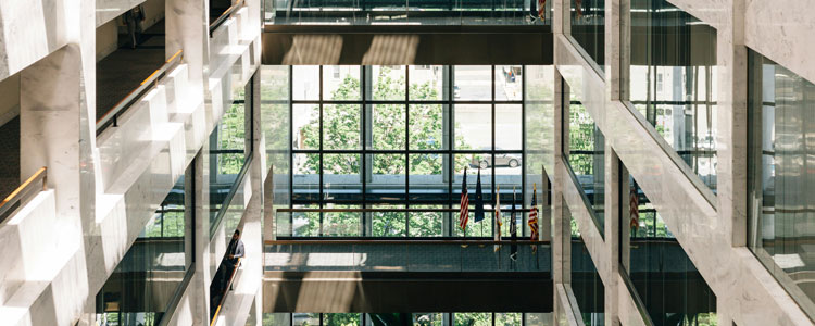 Interior of a large modern building with multiple stories